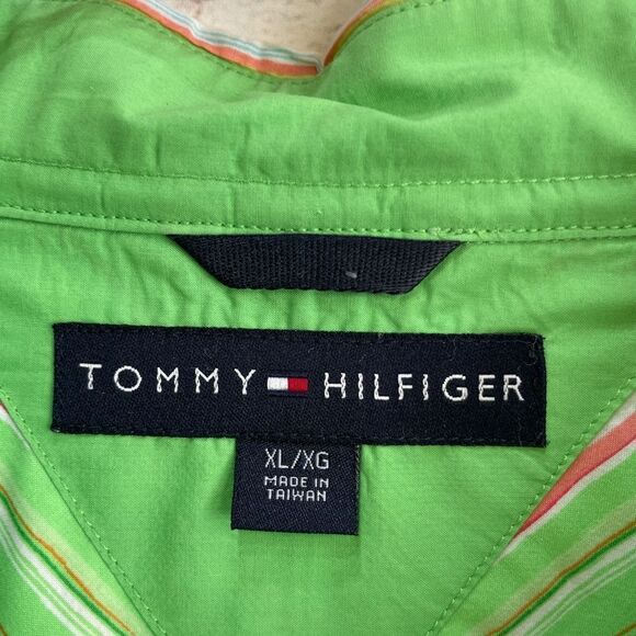 VINTAGE TOMMY HILFIGER SHIRT IN BRIGHT LIME GREEN STRIPES - Picture 4 of 8